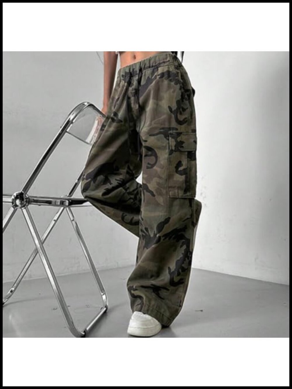 Wide Leg Elastic Waist Cargo Pants with Pockets, Streetwear - Picture 3 of 4